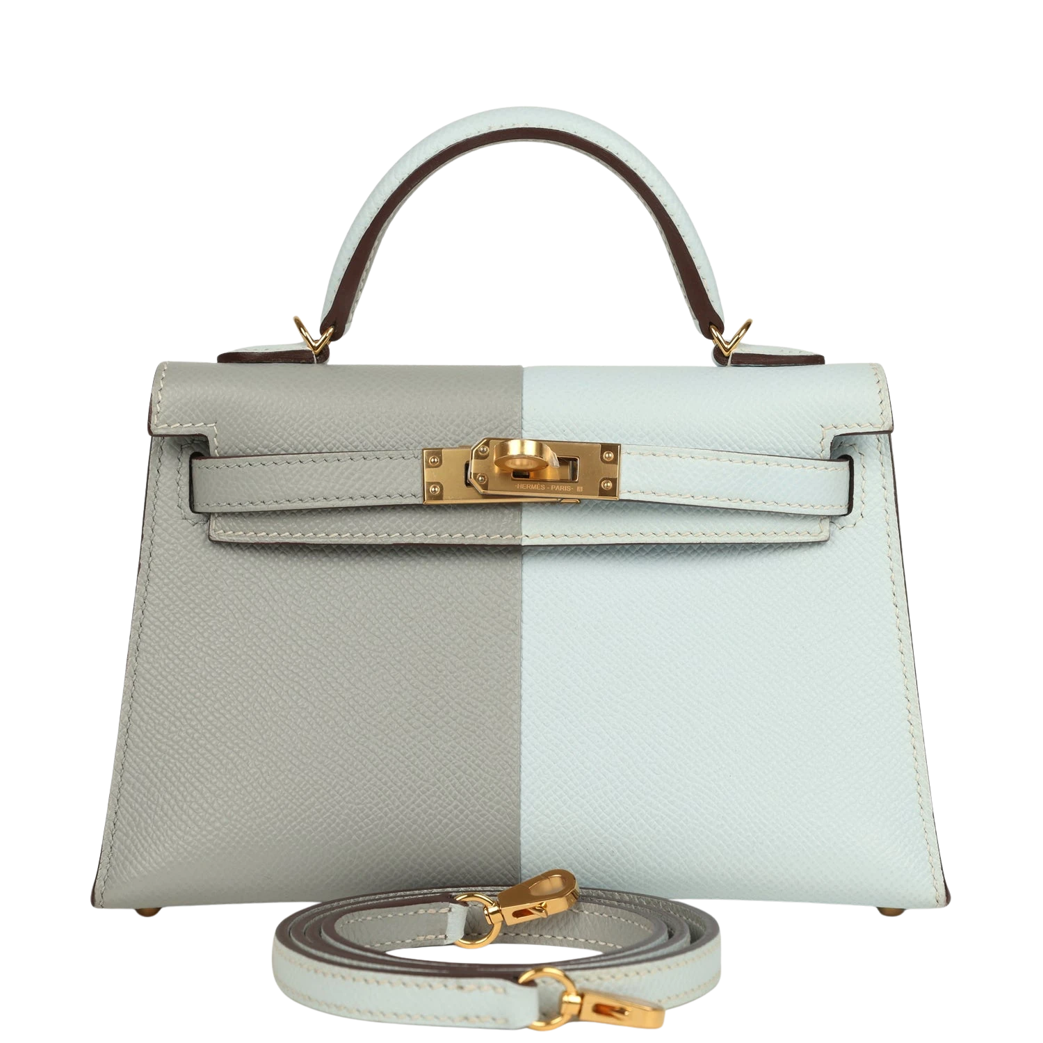 hermes Hermes Special Order (HSS) Kelly Sellier 20 Casaque Bleu Brume and Bleu Glacier Epsom Brushed Gold Hardware