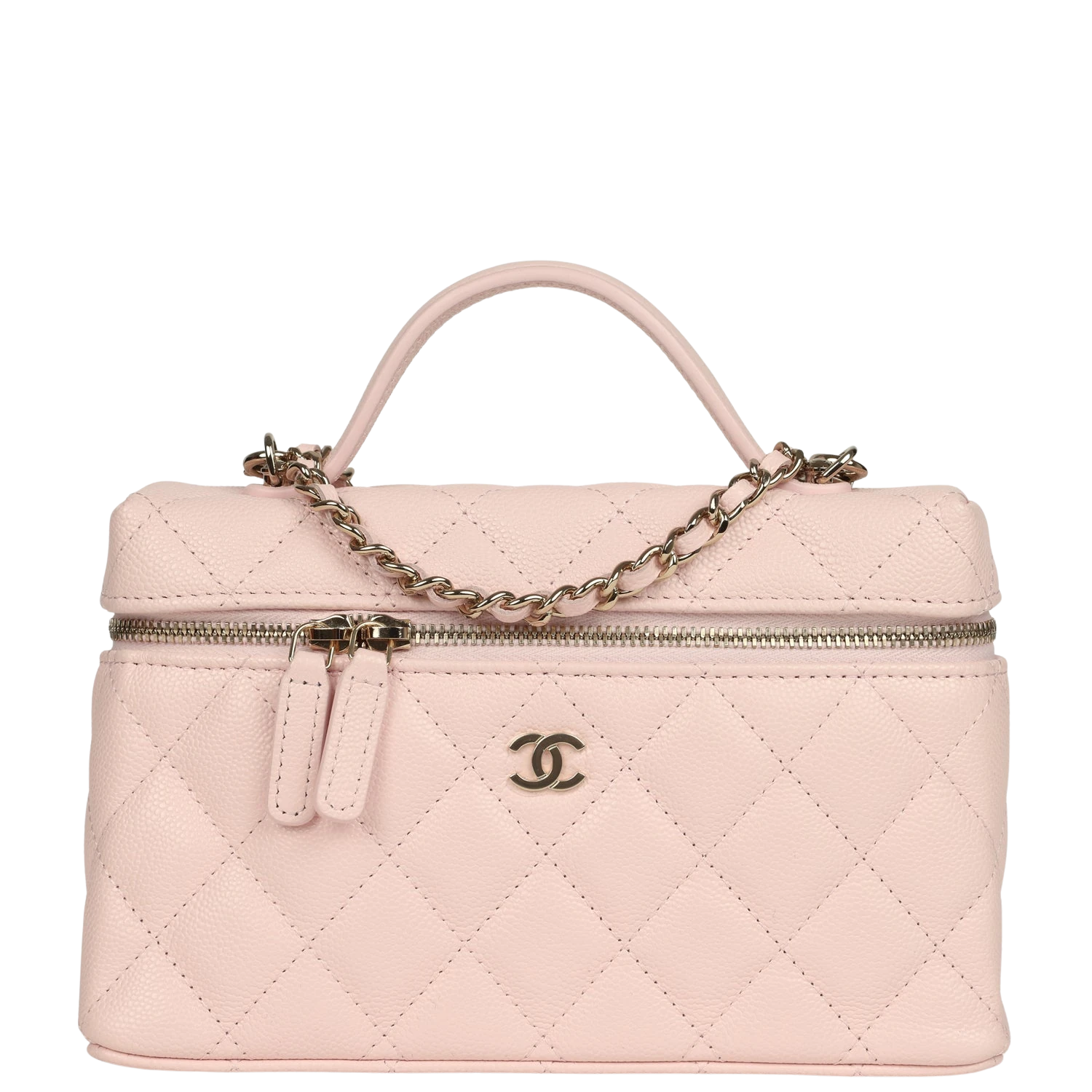 Chanel Chanel Top Handle Long Vanity Case with Chain Light Pink Shiny Caviar Light Gold Hardware