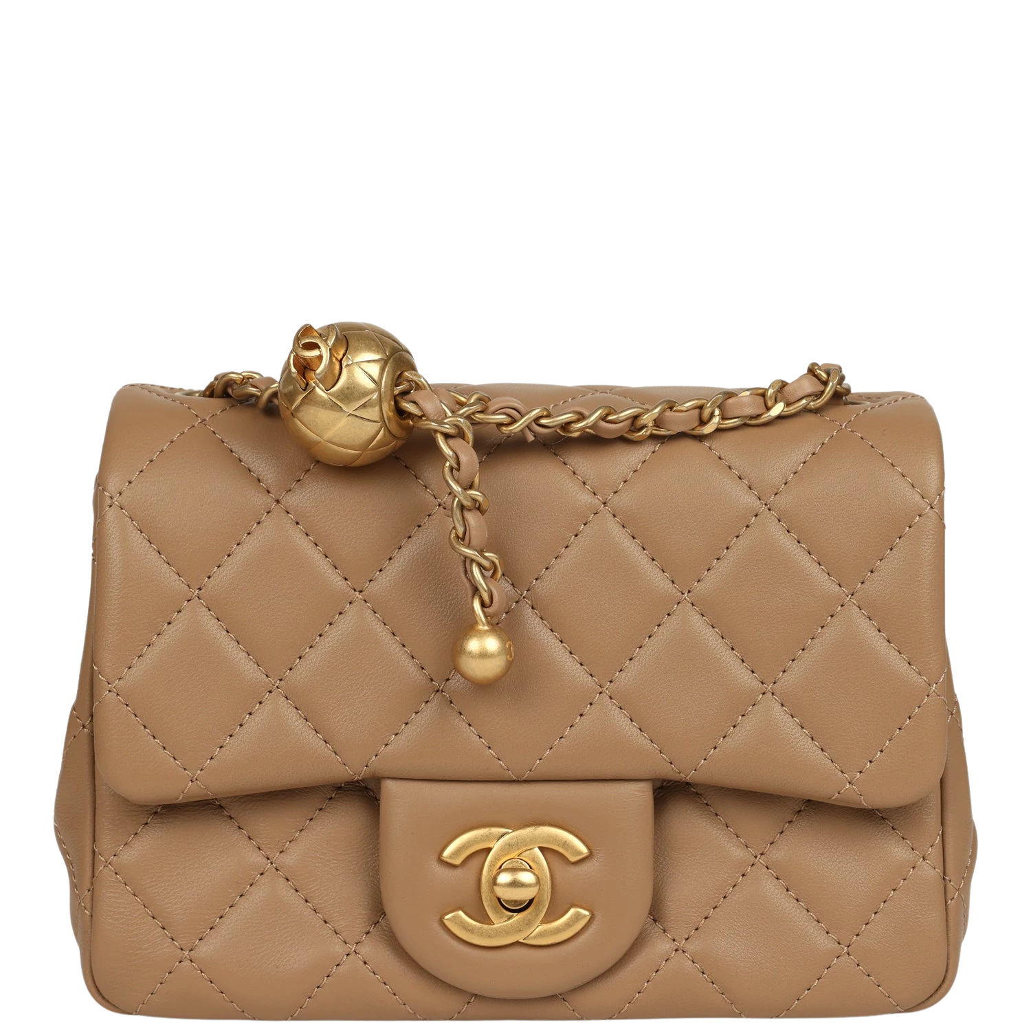 Chanel Chanel Mini Pearl Crush Square Flap Bag Beige Lambskin Brushed Gold Hardware
