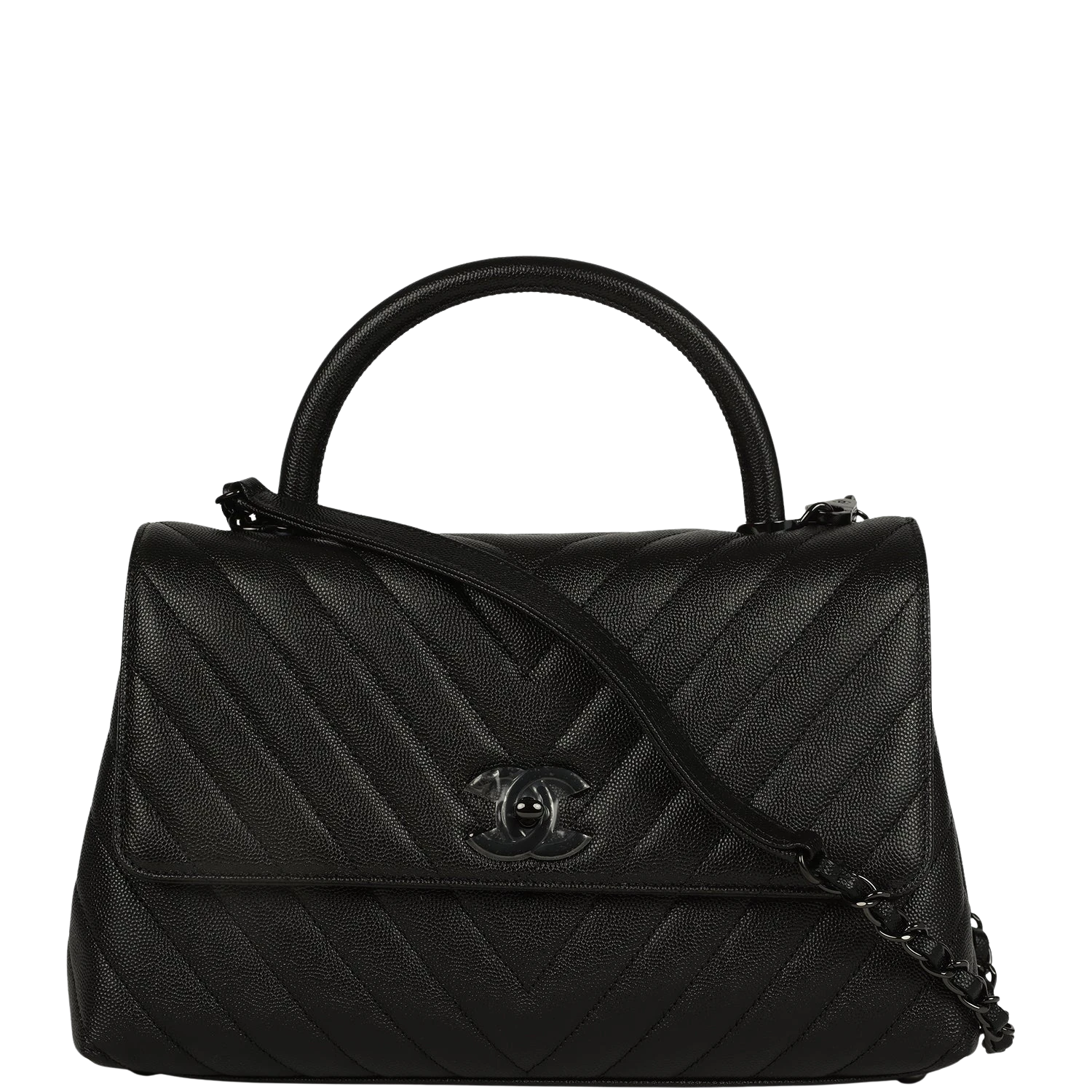 Chanel Chanel Medium Chevron Coco Top Handle So Black Shiny Caviar Black Hardware